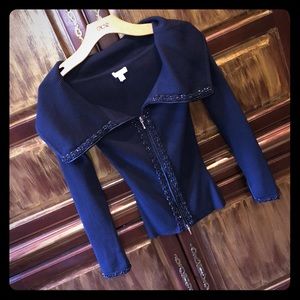 Cache navy stretch bead embellished sweater